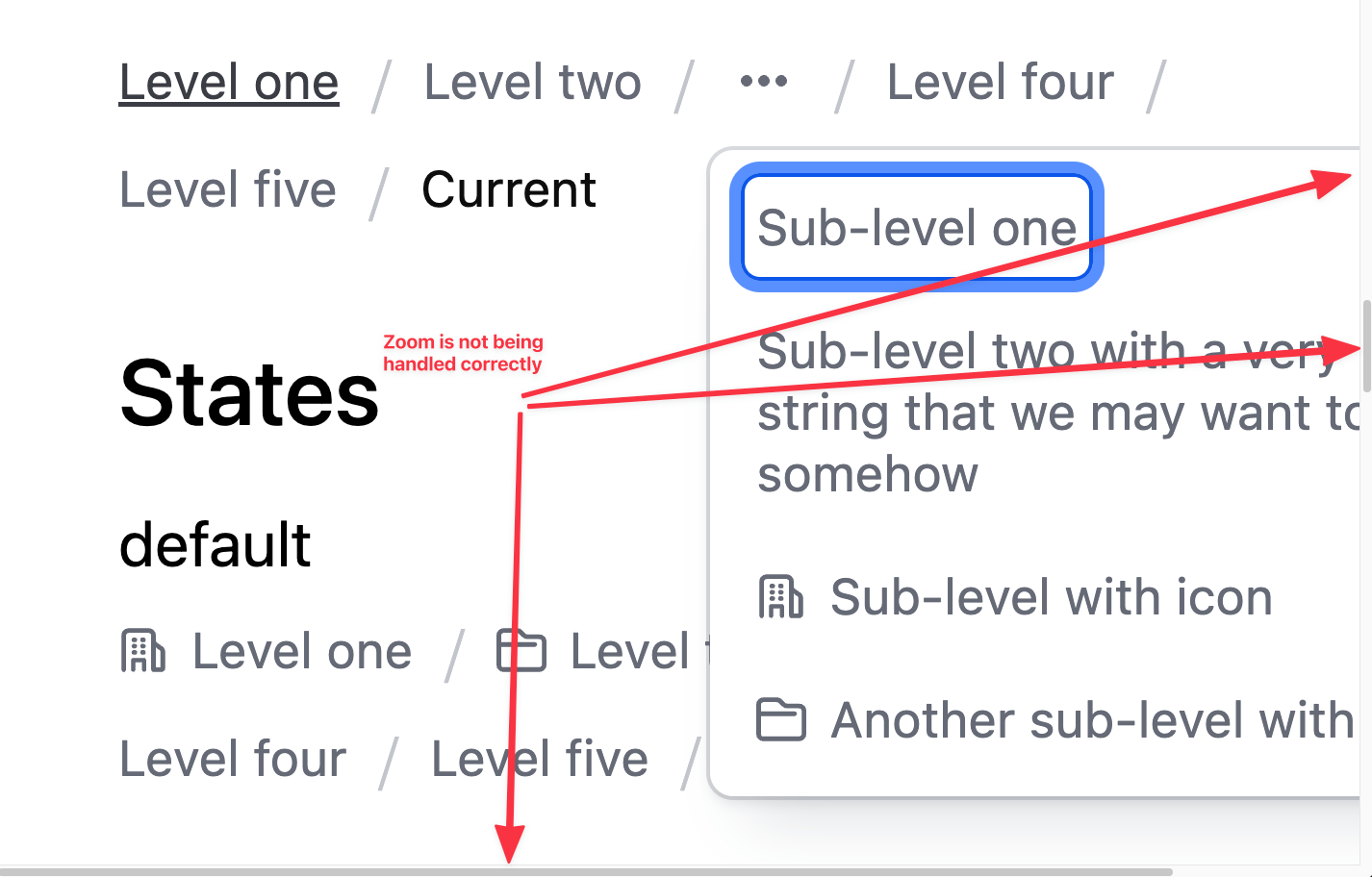 The breadcrumb component with the “truncation” dropdowm extending beyond the viewport